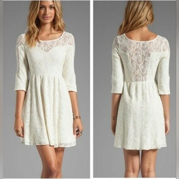 FREE PEOPLE Cream Shake it Up All Over Lace Sweetheart Skater Dress |  M - Picture 1 of 10